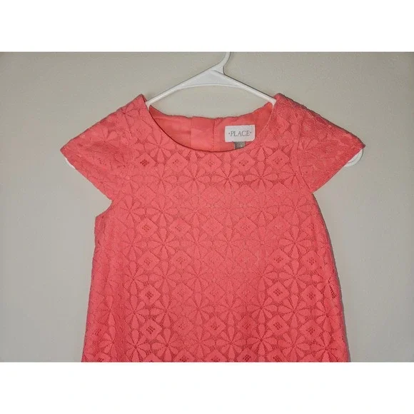 The Childrens Place Girls Coral Pink Floral Lace Shift Dress Short Sleeve 7/8 - Picture 3 of 7